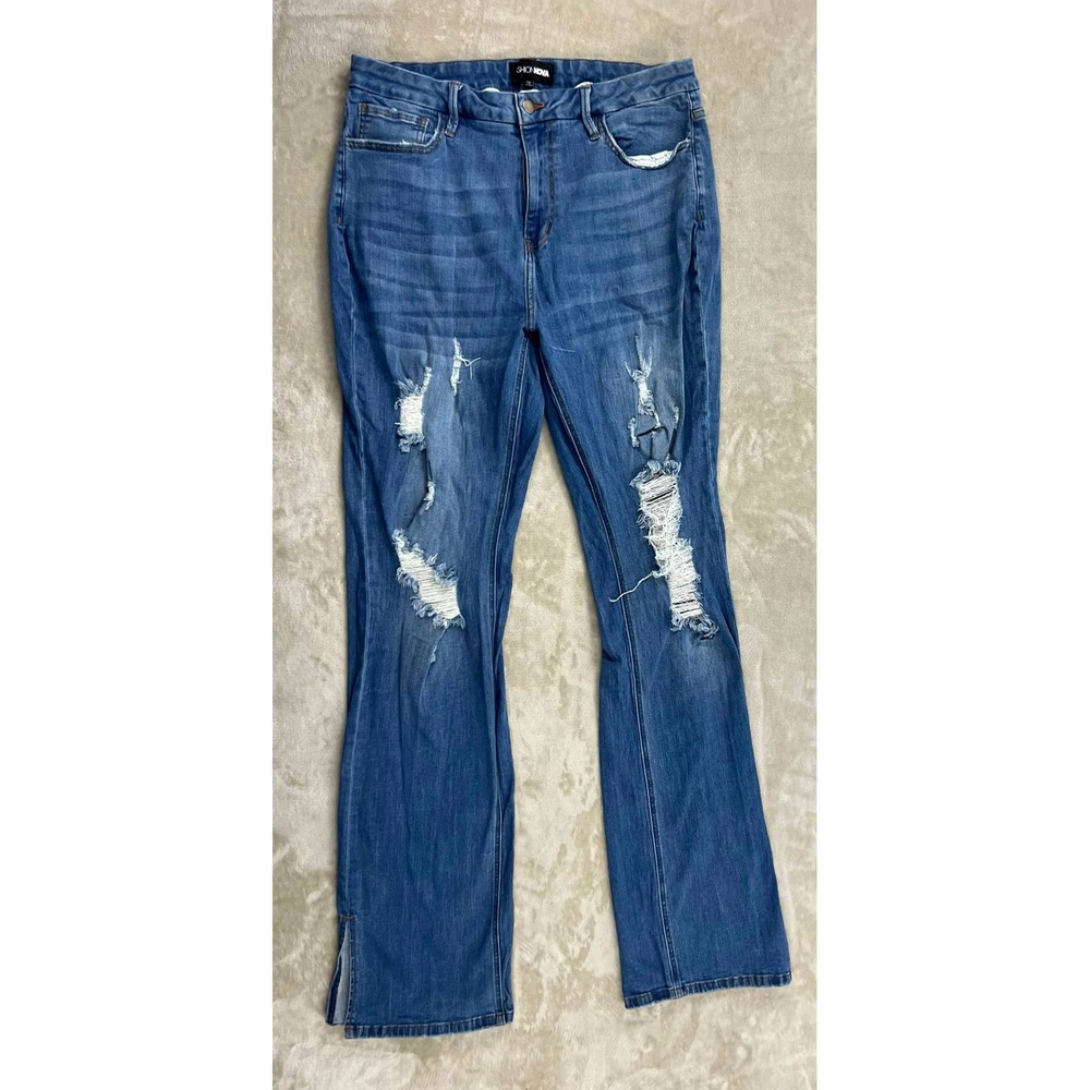Fashion Nova Womens Distressed Flare Jeans Blue Size 14 Plus Side Slit DG7025HMT